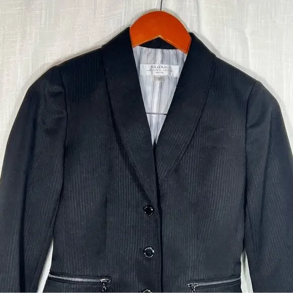 Tahari ASL Black Shadow Striped Button Front Zipper Pocket Blazer Jacket SZ 0P - Picture 5 of 7